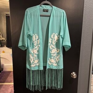 Crazy Train Teal Fringe Kimono with White Embroidery